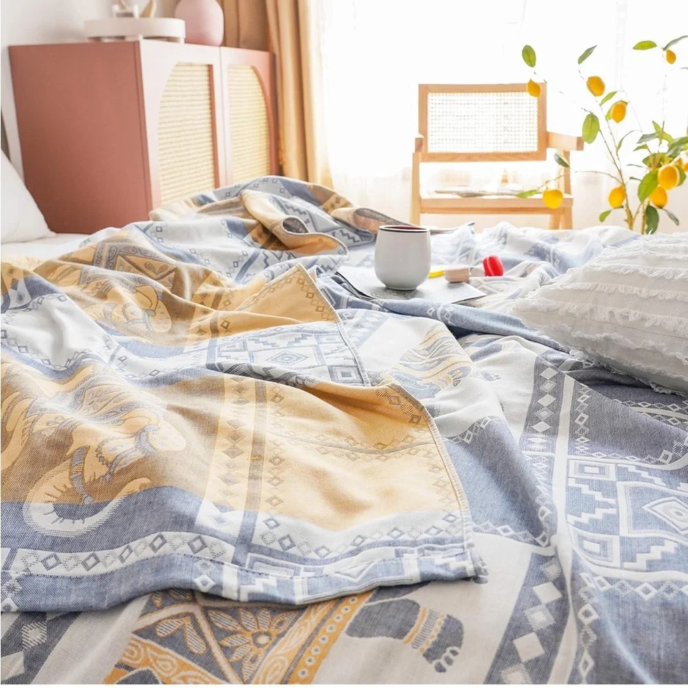 Soft Cotton Elephant Print Lightweight Throw Blanket Blue Yellow & Cream